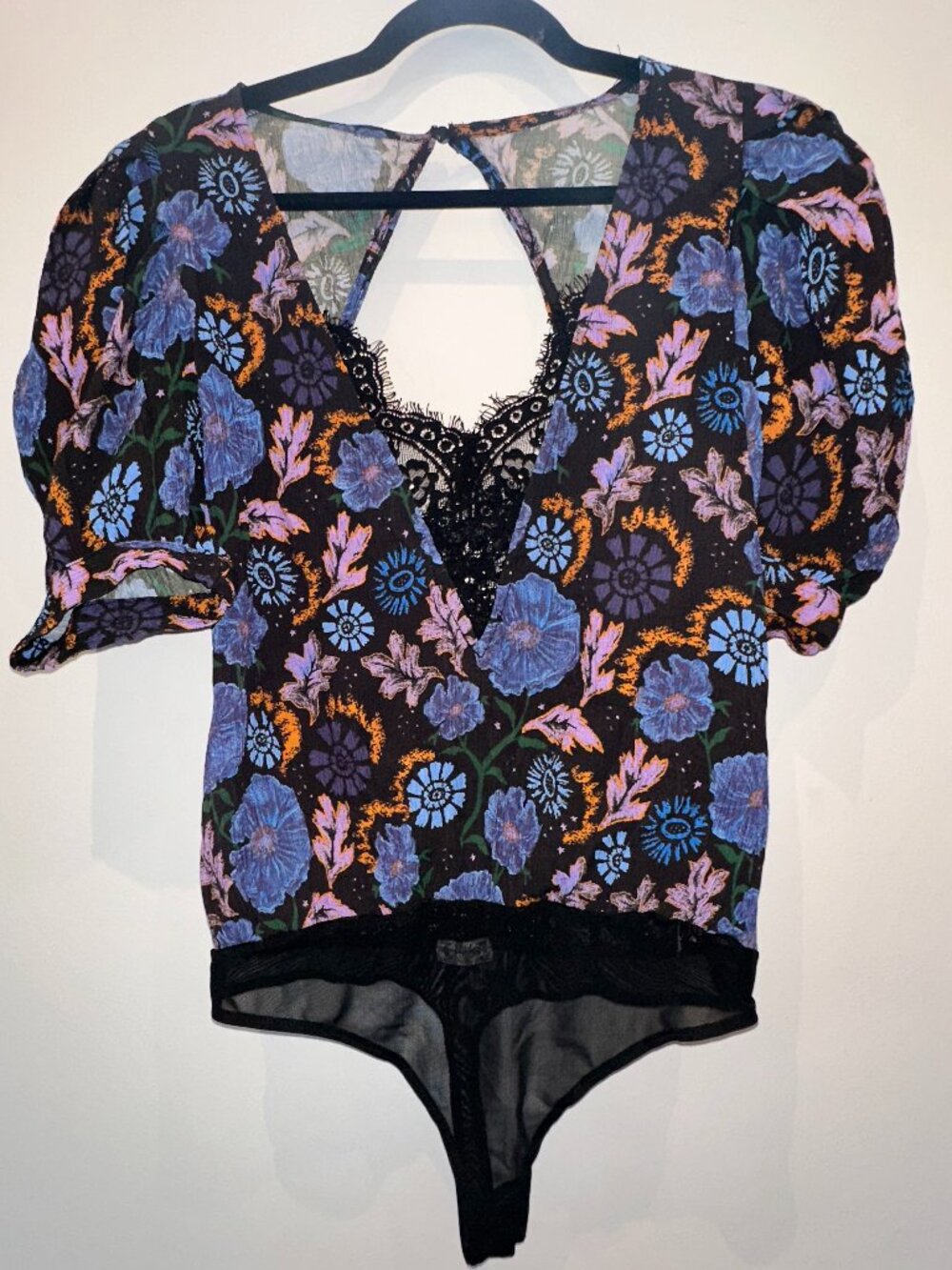 Free People Intimately Black Floral Print Lace Trim Bodysuit